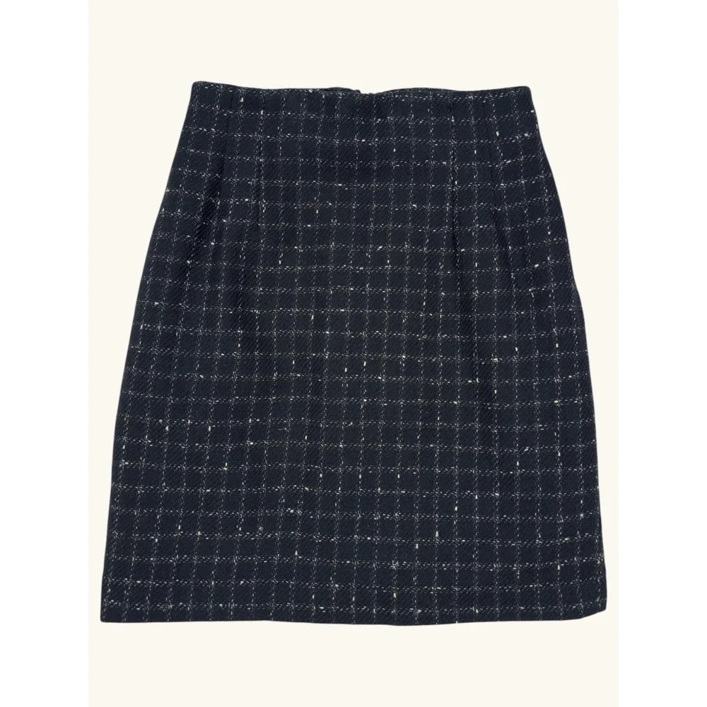 Jones New York Petite Navy Blue Wool Plaid Mini Skirt Size 4P Windowpane Tweed